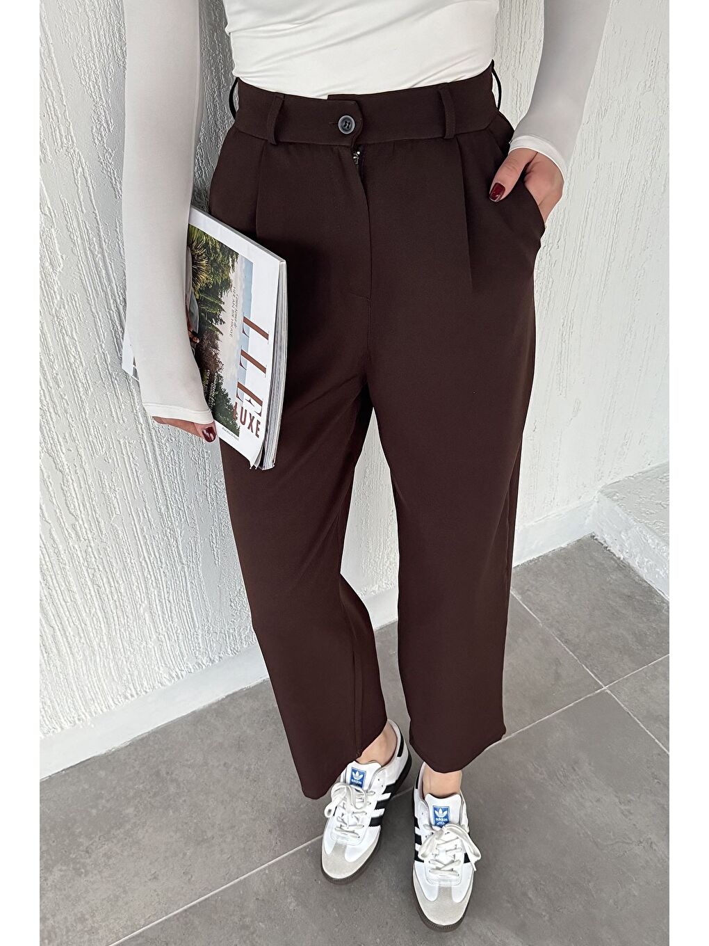 Kahverengi Kadın Yüksek Bel Pileli Palazzo Pantolon-1