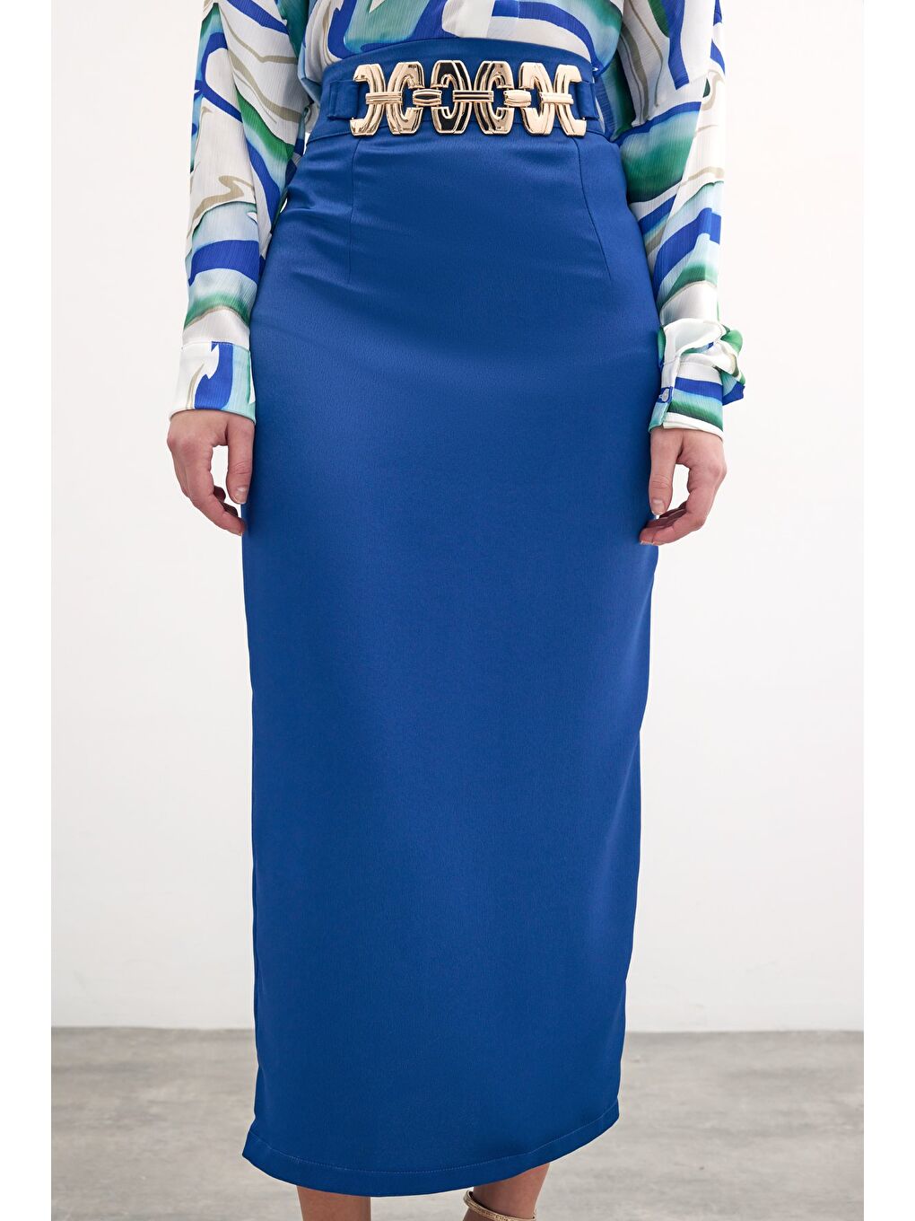 Gold Aksesuarlı Uzun Etek - Sax Mavi-3