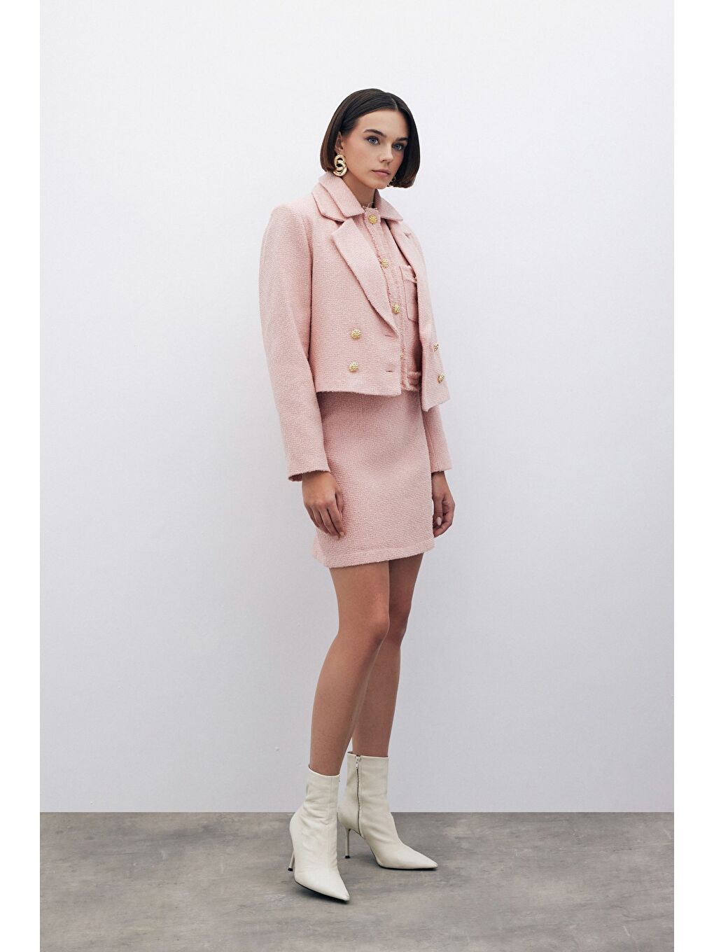 Pembe Simli Mini Tüvit Etek - Pudra-3