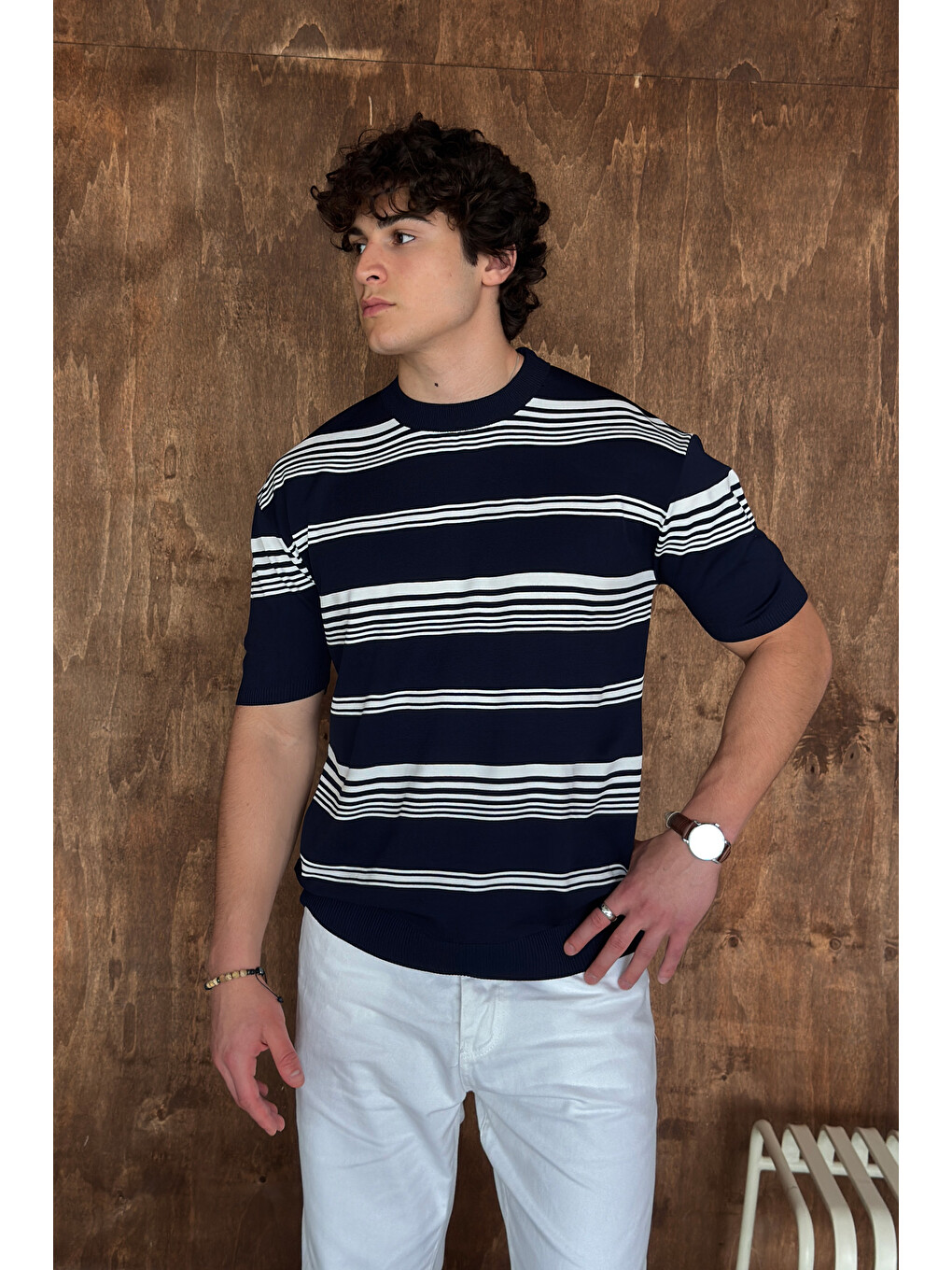 Lacivert Erkek Bisiklet Yaka Oversize Çizgili Triko T-shirt-5
