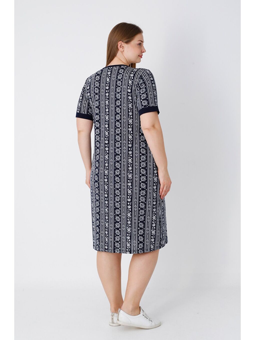 Lacivert Kısa Kollu Cepli Düğmeli Desenli Kadın Büyük Beden Elbise-3