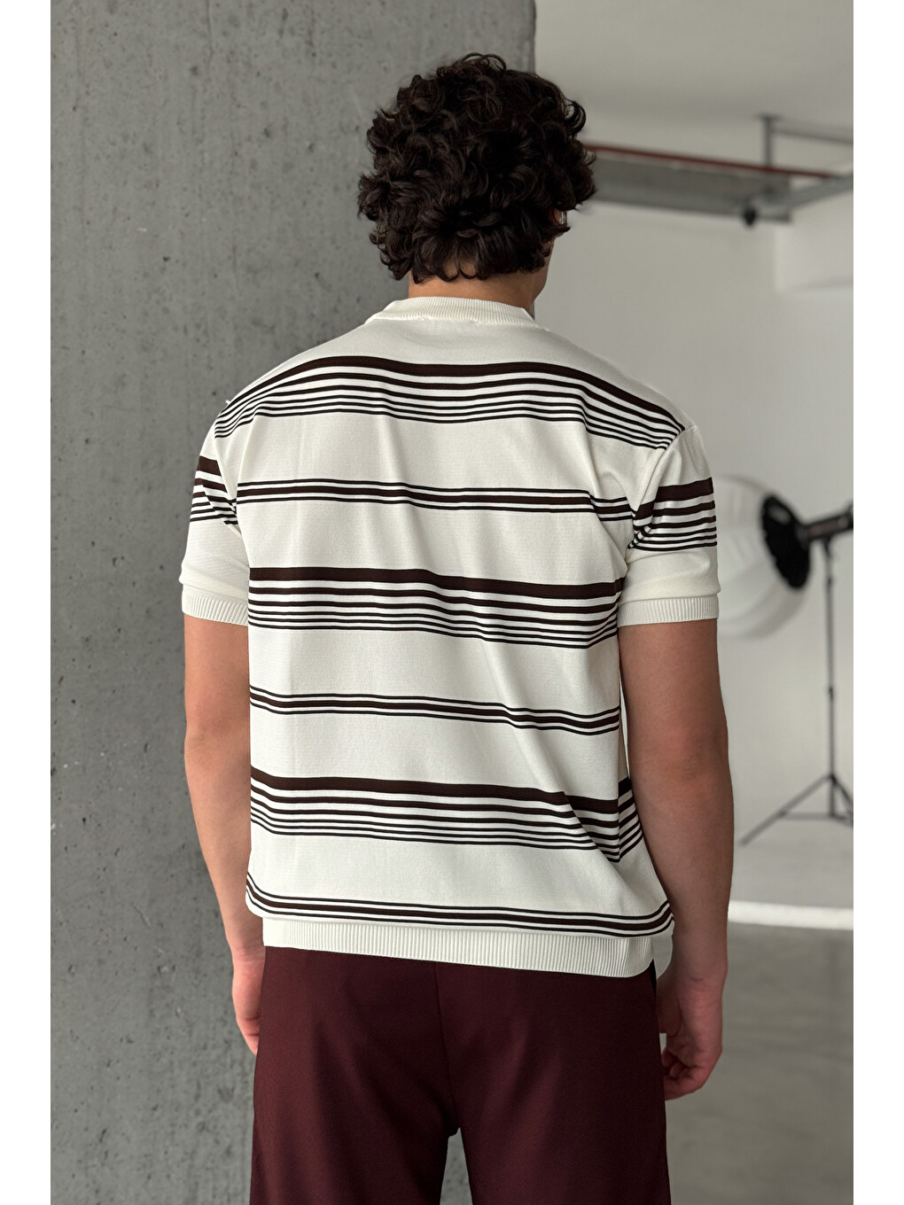 Ekru Erkek Bisiklet Yaka Oversize Çizgili Triko T-shirt-5
