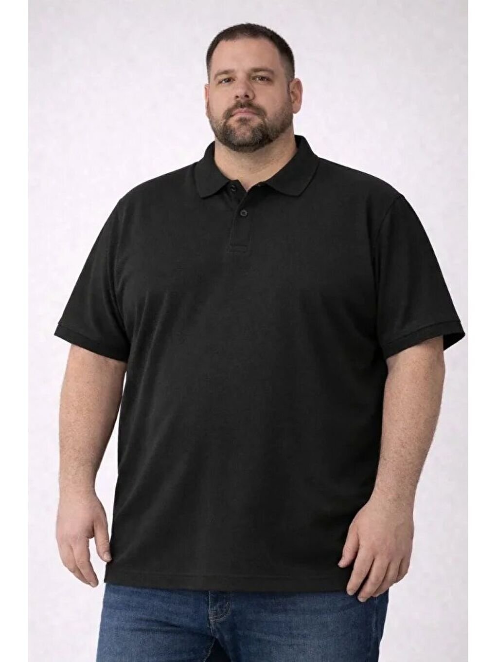 Erkek Pike Kumaş Düğmeli Yaka Battal Büyük Beden Günlük Kısa Kol Tişört T-shirt - Siyah-2