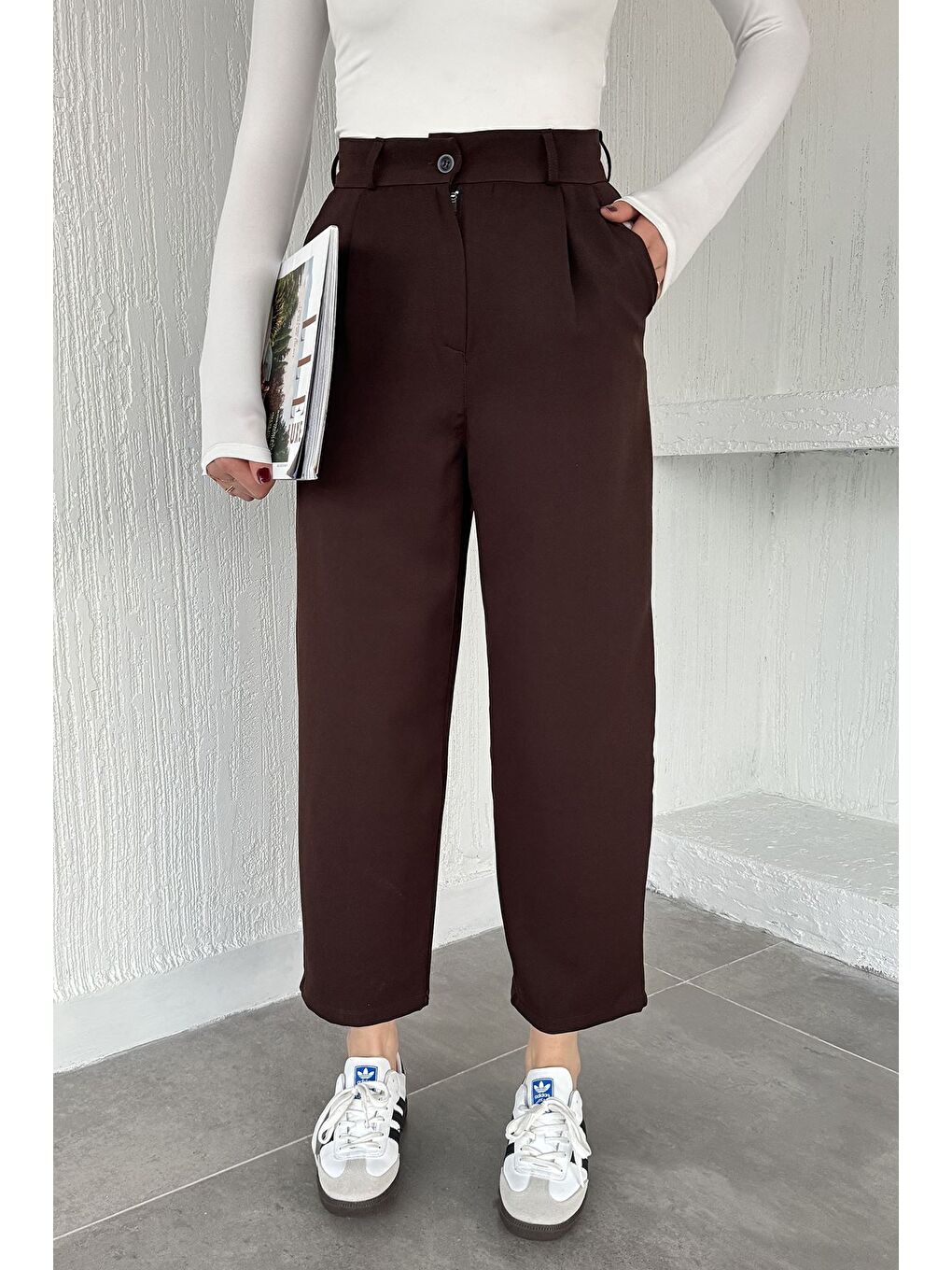 Kahverengi Kadın Yüksek Bel Pileli Palazzo Pantolon-2