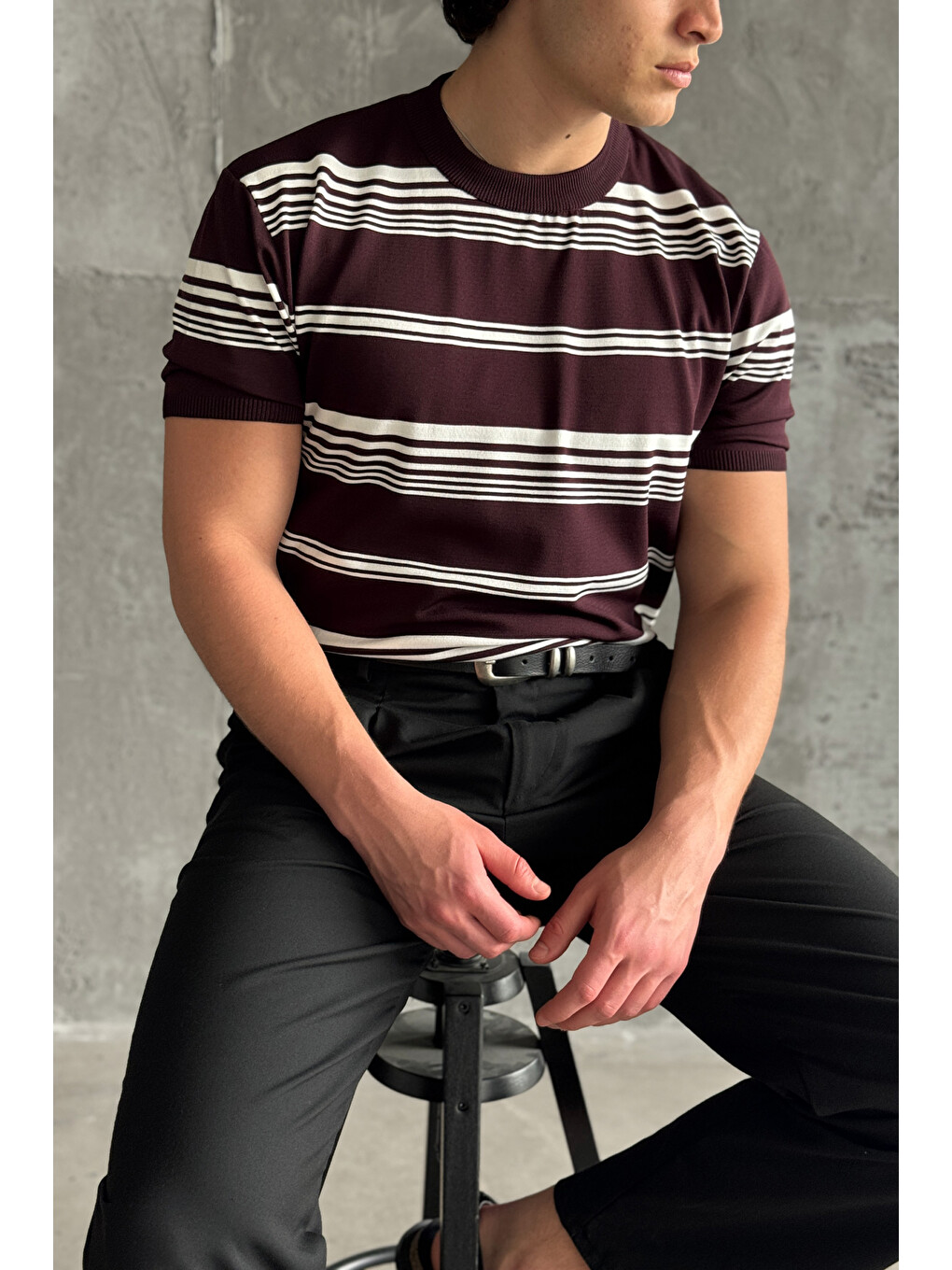 Bordo Erkek Bisiklet Yaka Oversize Çizgili Triko T-shirt-1