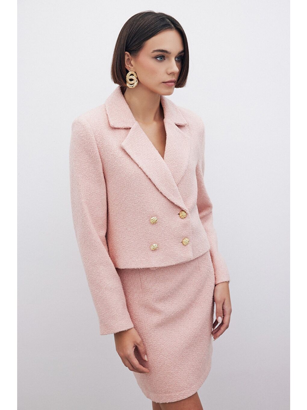 Pembe Simli Mini Tüvit Etek - Pudra-4