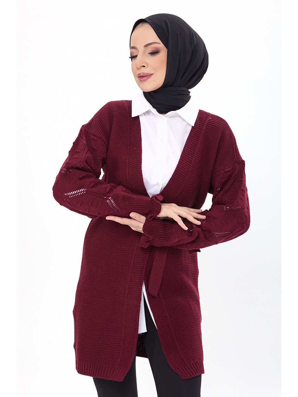 Kemerli Kolu İşlemeli Triko Hırka Bordo - 27631-4