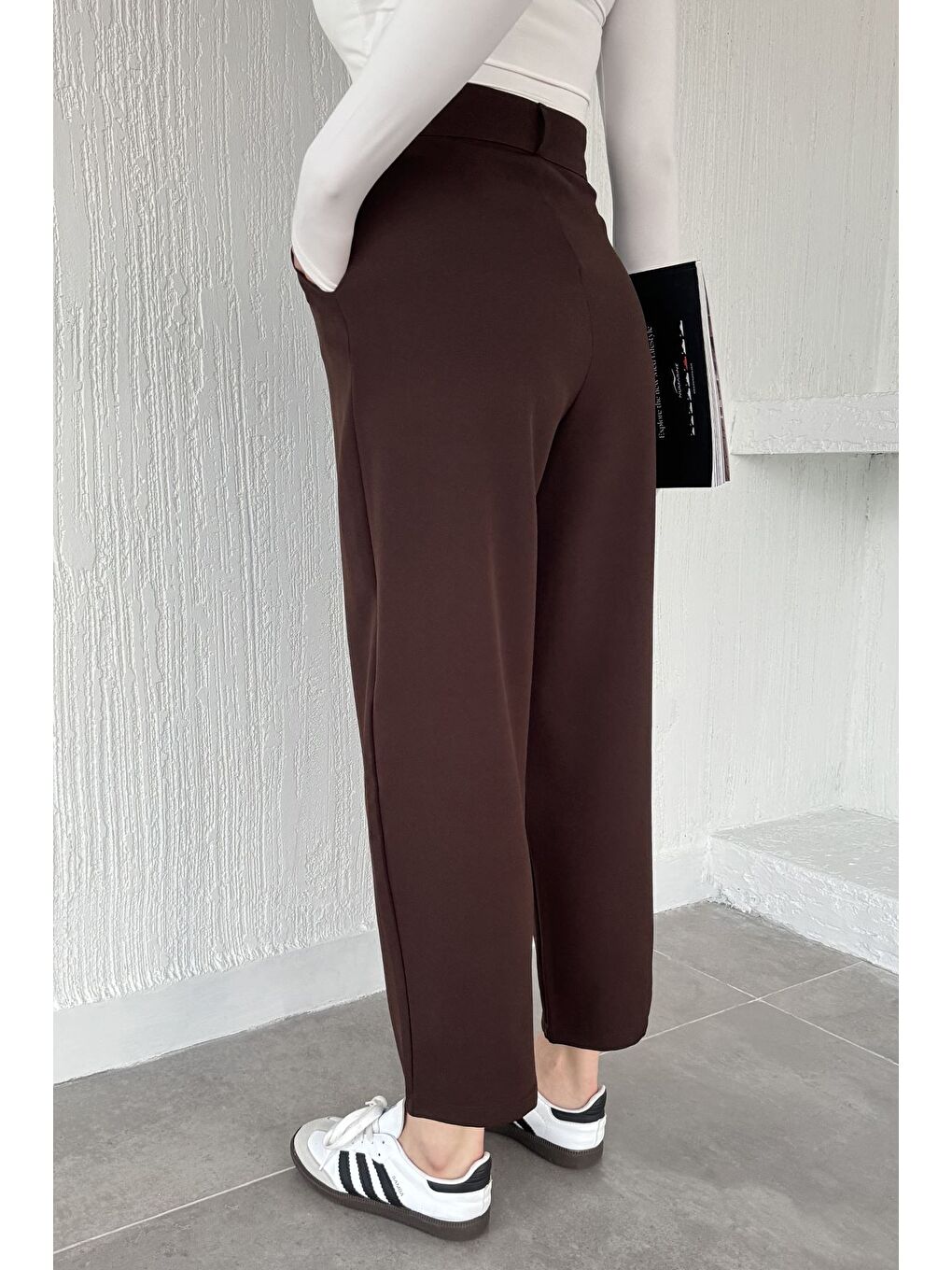 Kahverengi Kadın Yüksek Bel Pileli Palazzo Pantolon-3