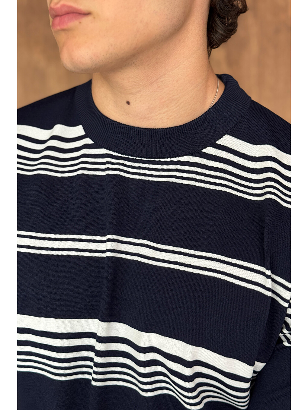 Lacivert Erkek Bisiklet Yaka Oversize Çizgili Triko T-shirt-6