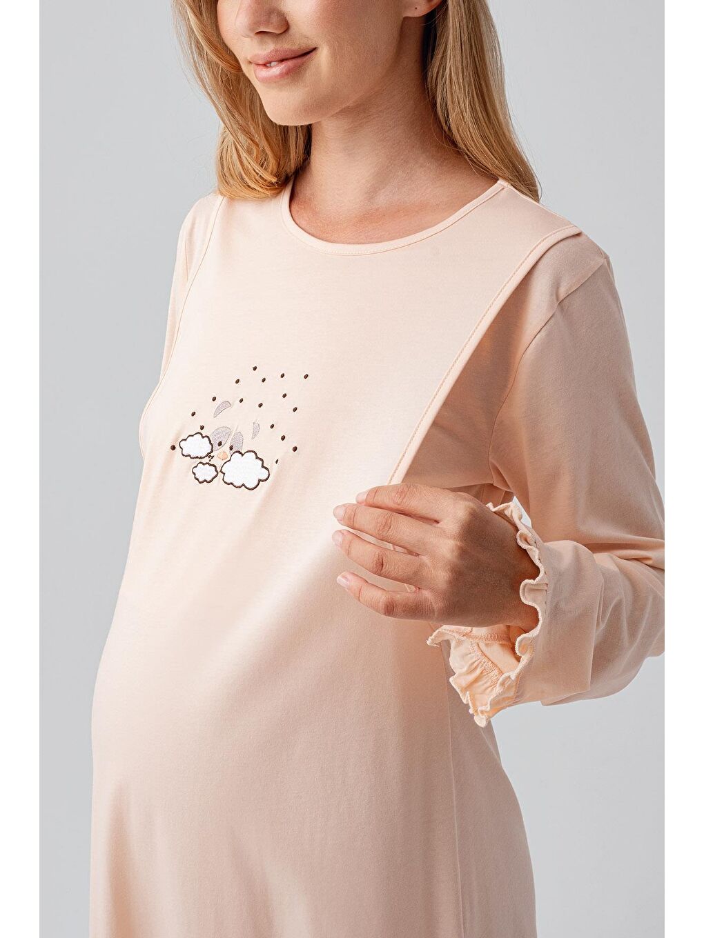 Pembe Uzun Kollu Desenli Esnek Pamuklu Hamile Sabahlık Gecelik Takım 18400-4