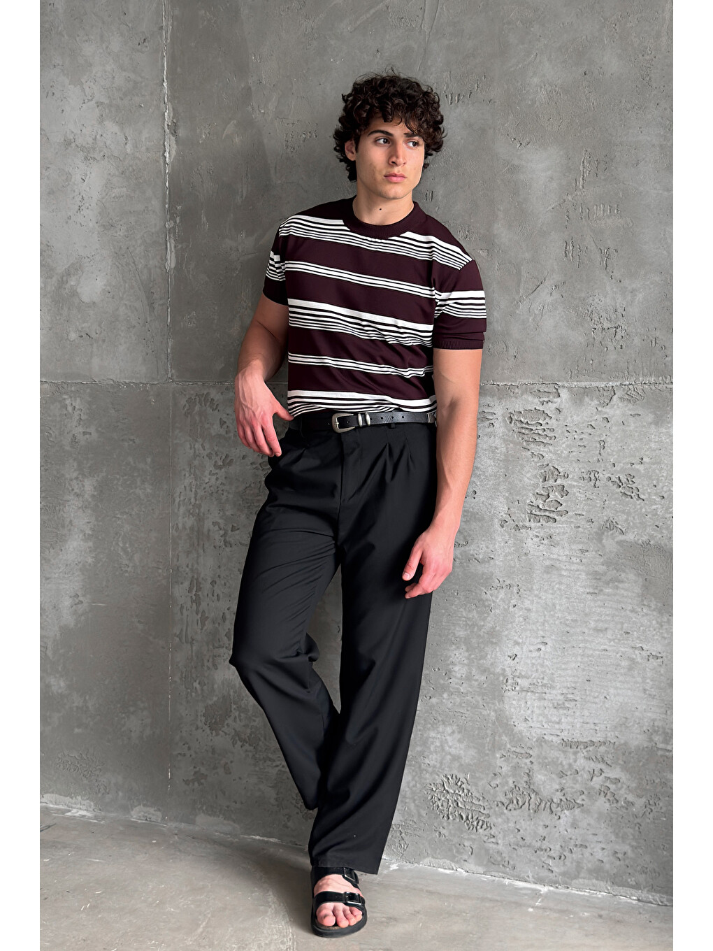 Bordo Erkek Bisiklet Yaka Oversize Çizgili Triko T-shirt-2