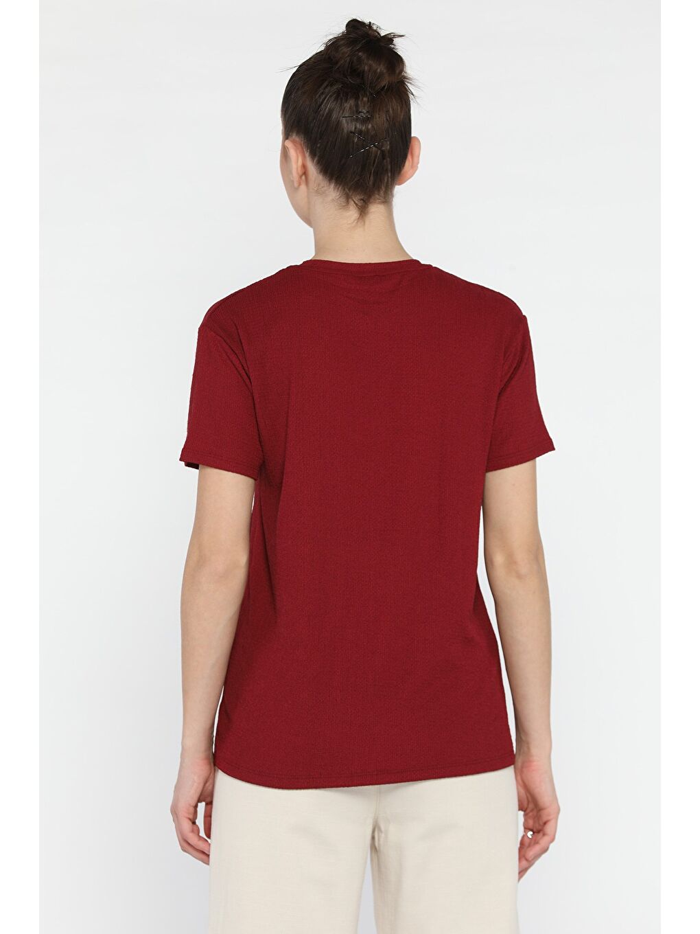 Bordo Kadın Bisiklet Yaka Basic Tişört-2