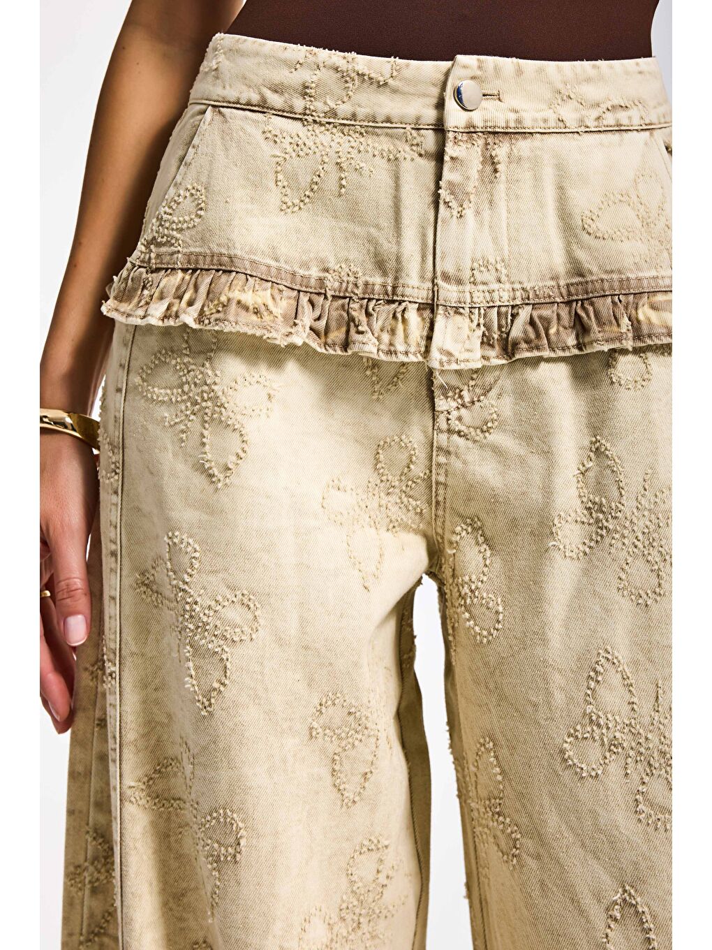 Kadın Bej w5 Baggy Fit Özel Kelebek Desenli Tasarım Kumaş Denim Jean-1