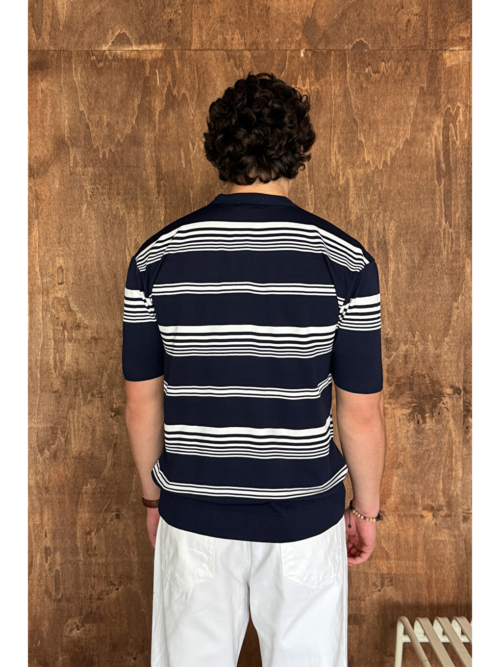 Lacivert Erkek Bisiklet Yaka Oversize Çizgili Triko T-shirt-7