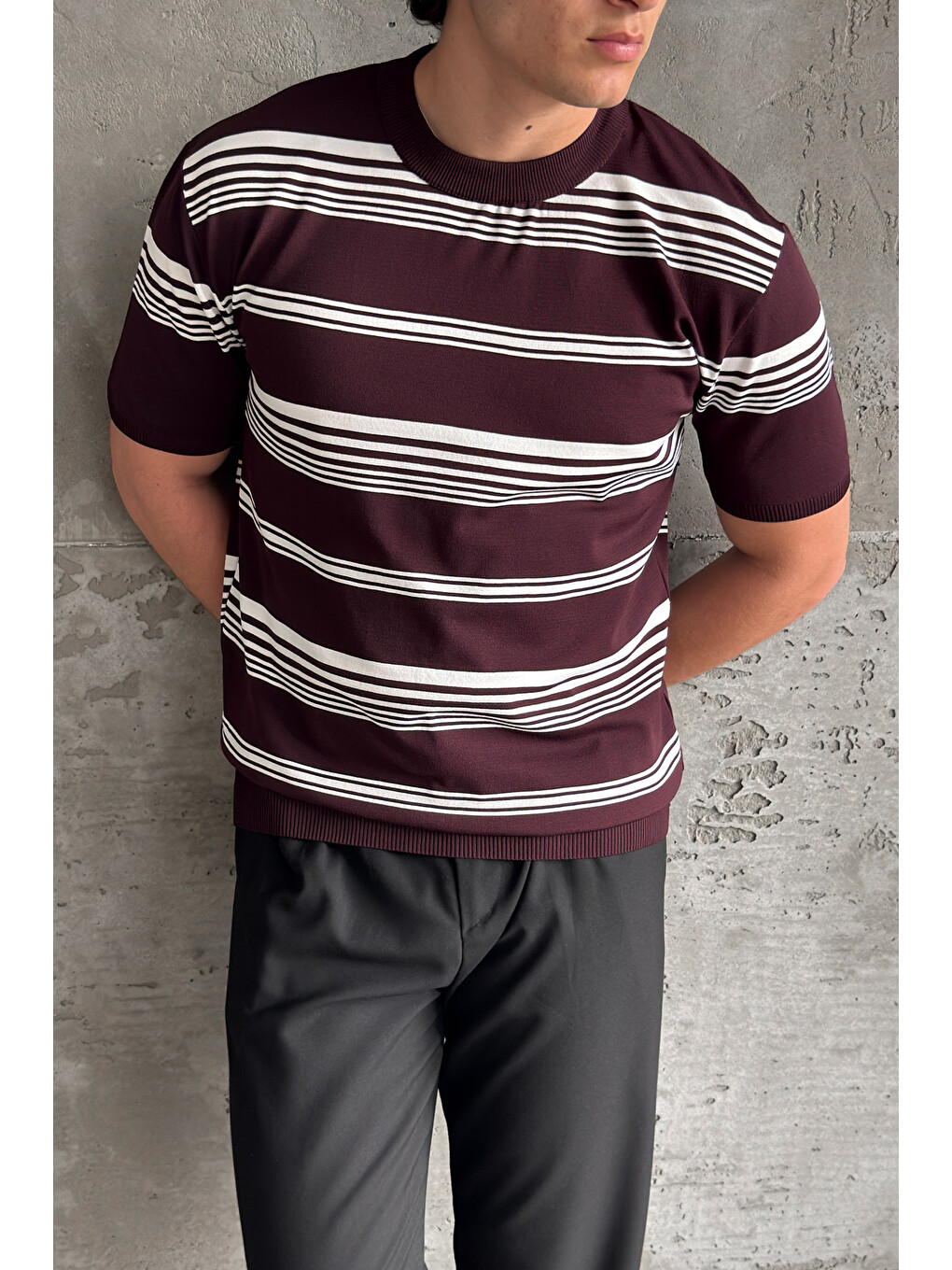 Bordo Erkek Bisiklet Yaka Oversize Çizgili Triko T-shirt-3