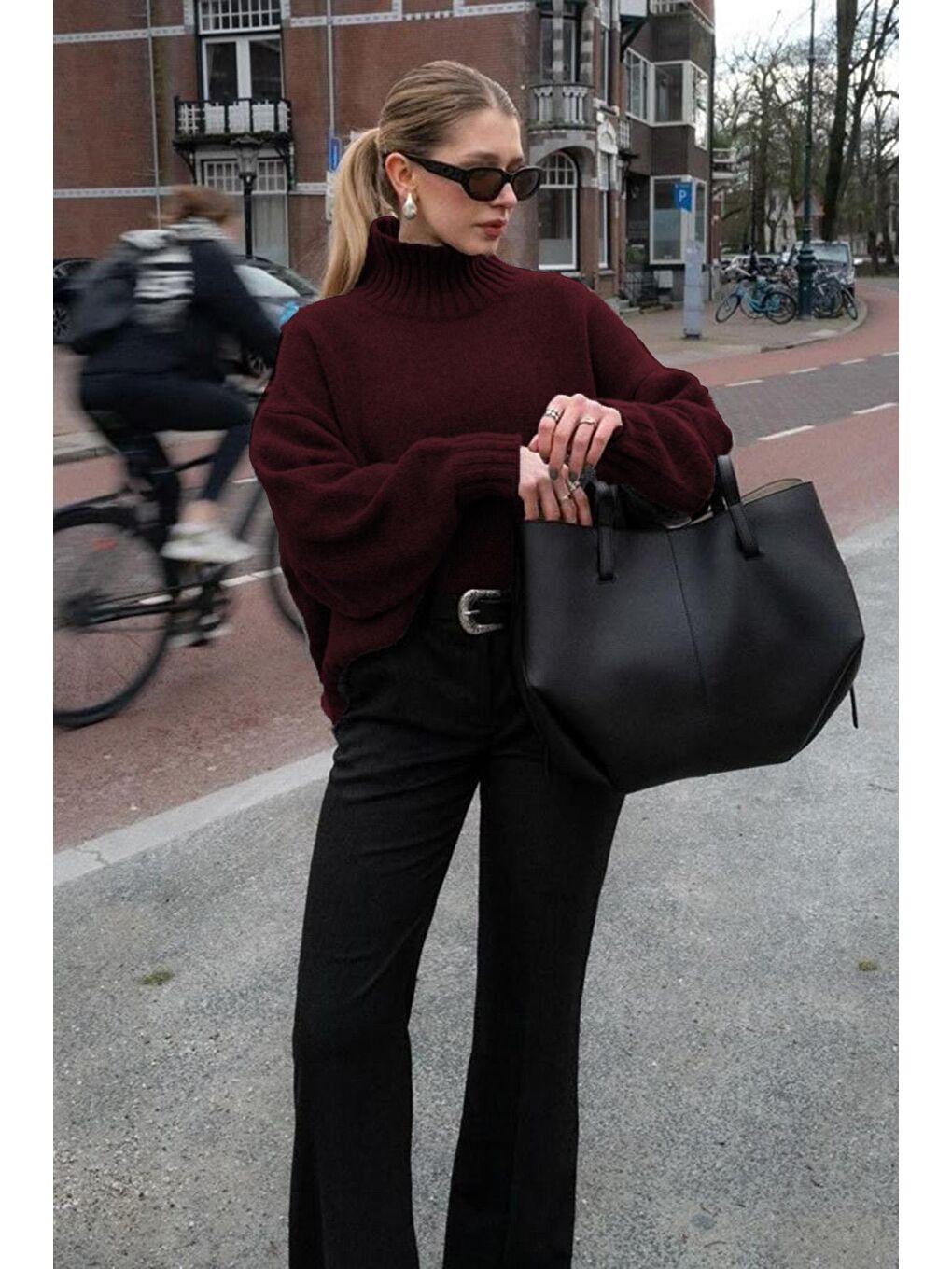 Bordo Boğazlı Kadın Triko Kazak Mg2535-1