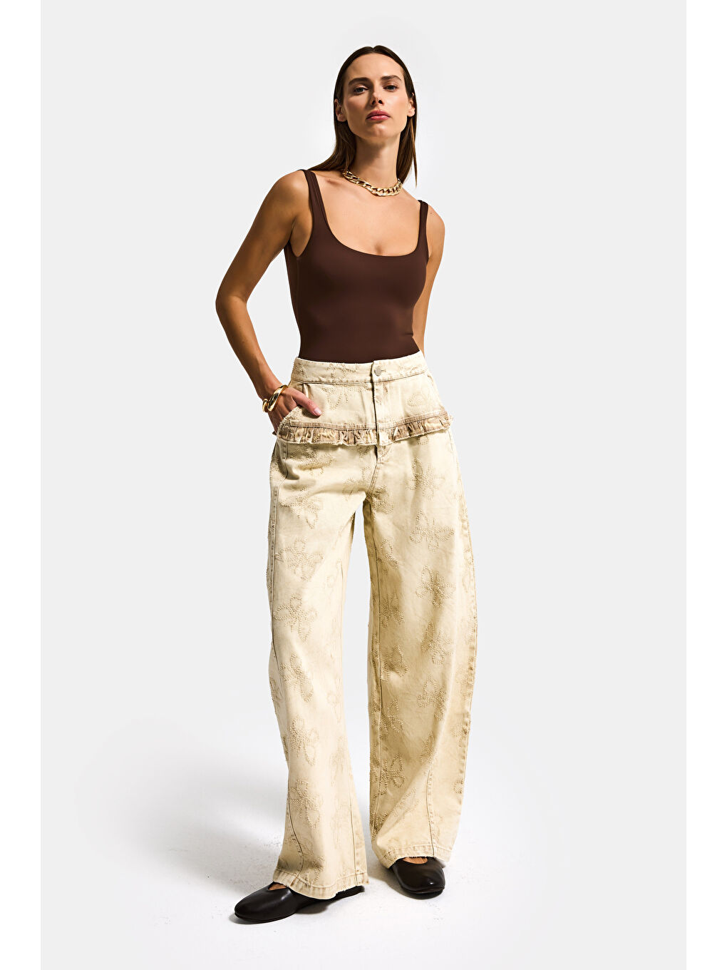 Kadın Bej w5 Baggy Fit Özel Kelebek Desenli Tasarım Kumaş Denim Jean-2