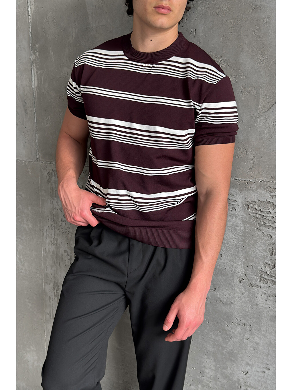 Bordo Erkek Bisiklet Yaka Oversize Çizgili Triko T-shirt-4