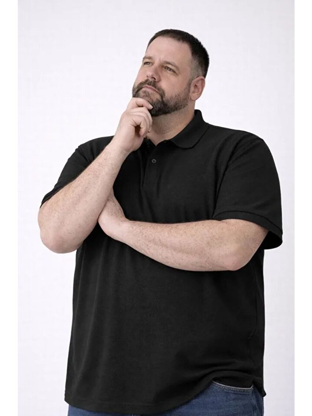 Erkek Pike Kumaş Düğmeli Yaka Battal Büyük Beden Günlük Kısa Kol Tişört T-shirt - Siyah-3