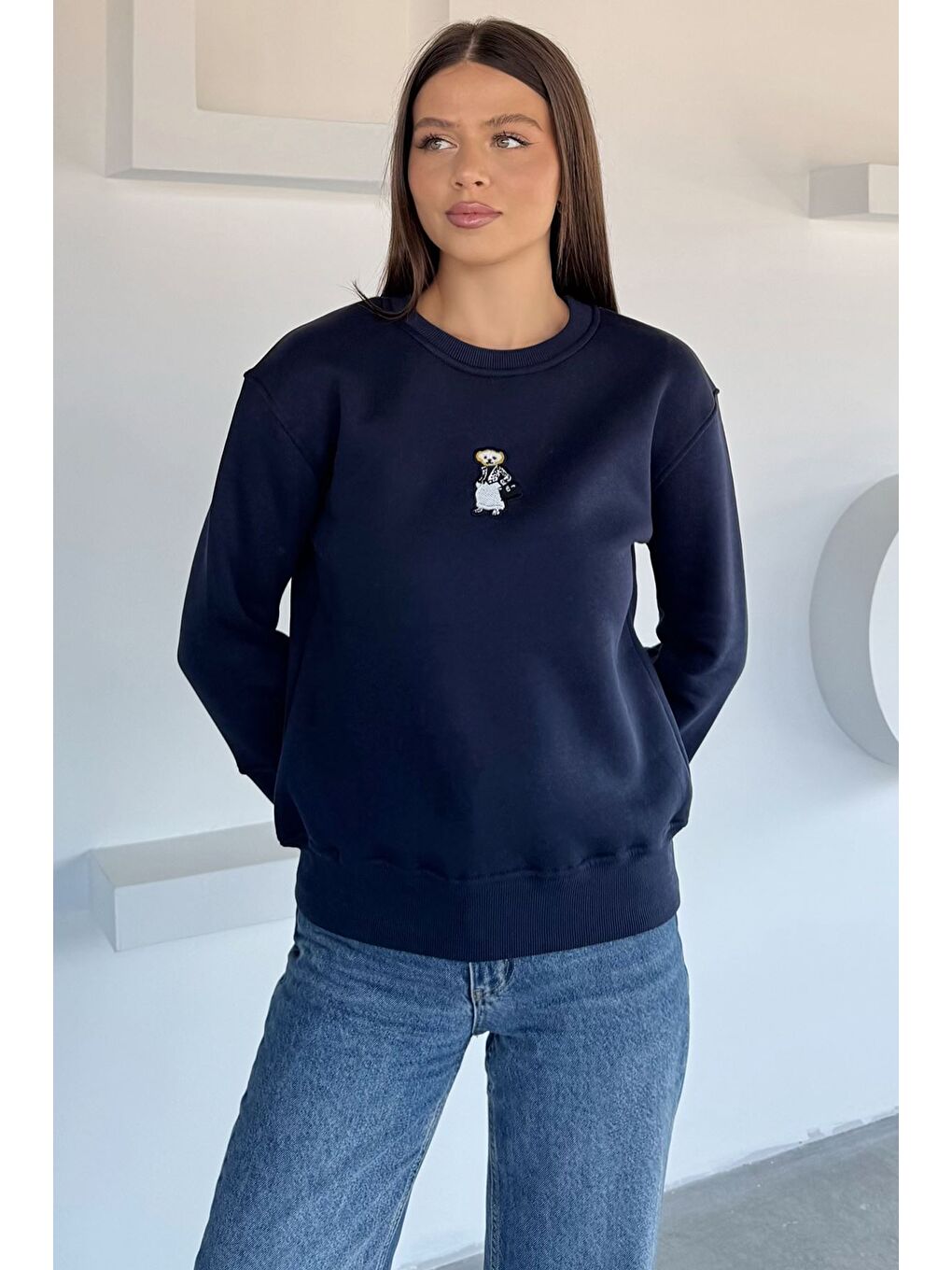 Lacivert Kadın Nakışlı Üç İplik Şardonlu Sweatshirt