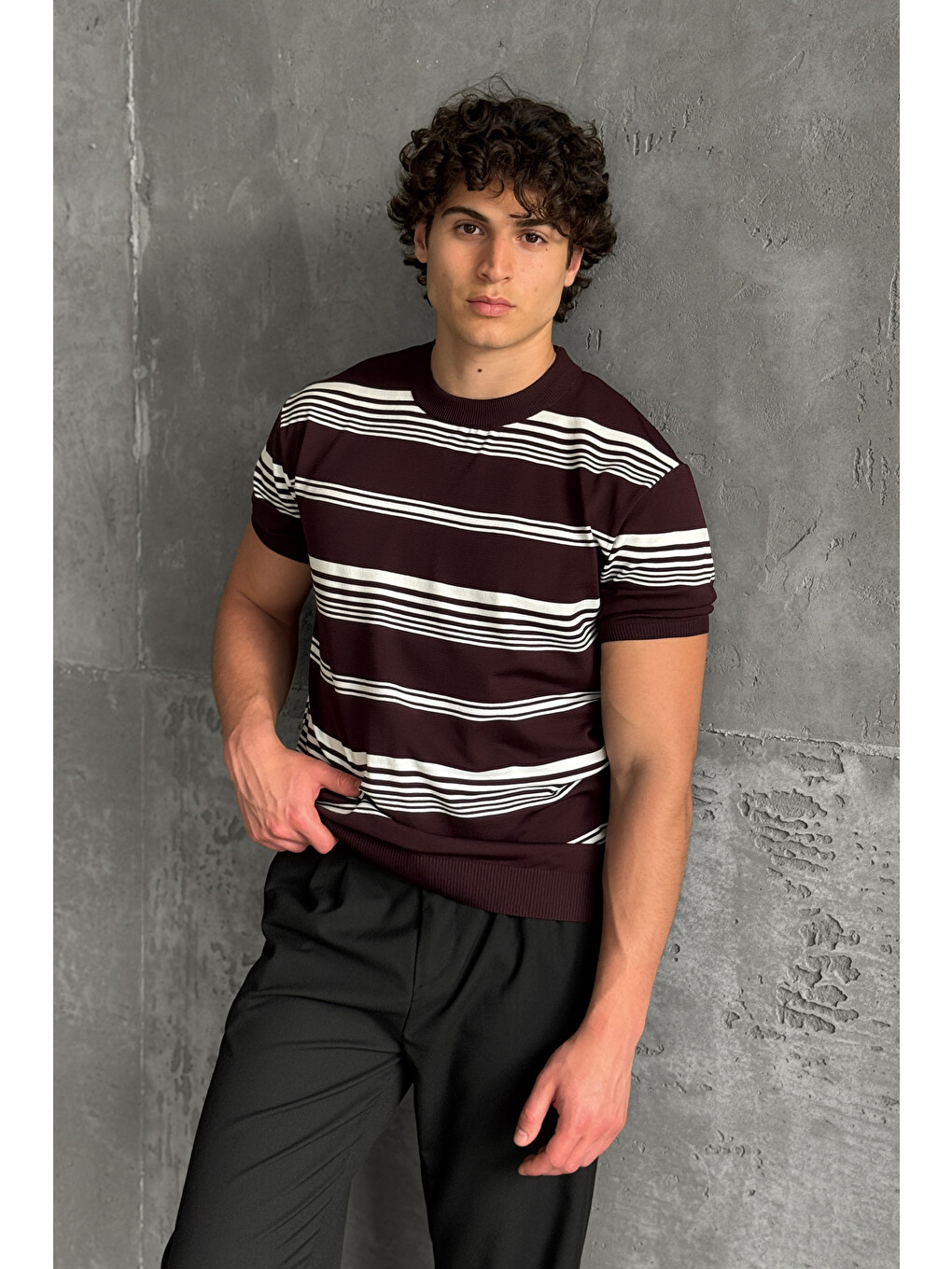 Bordo Erkek Bisiklet Yaka Oversize Çizgili Triko T-shirt-5