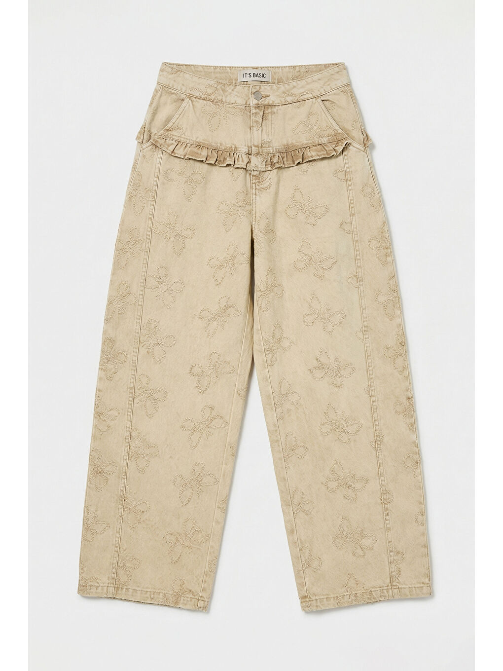 Kadın Bej w5 Baggy Fit Özel Kelebek Desenli Tasarım Kumaş Denim Jean-3