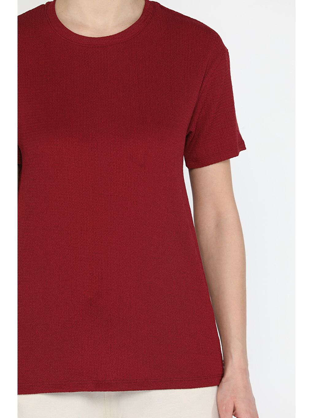 Bordo Kadın Bisiklet Yaka Basic Tişört-3