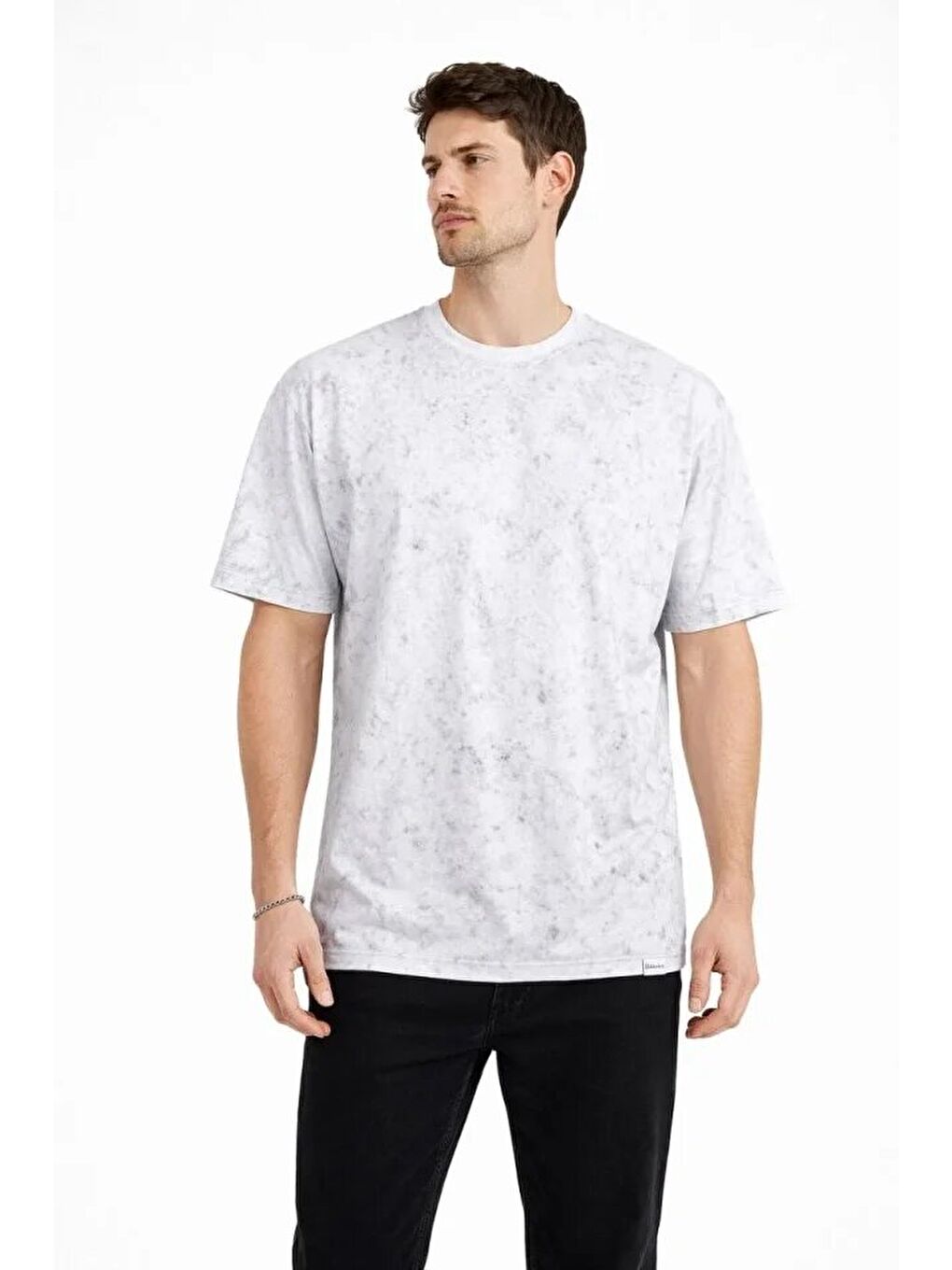 Erkek Asit Yıkama Bisiklet Yaka Kısa Kollu Oversize T-Shirt Tişört - Beyaz-1