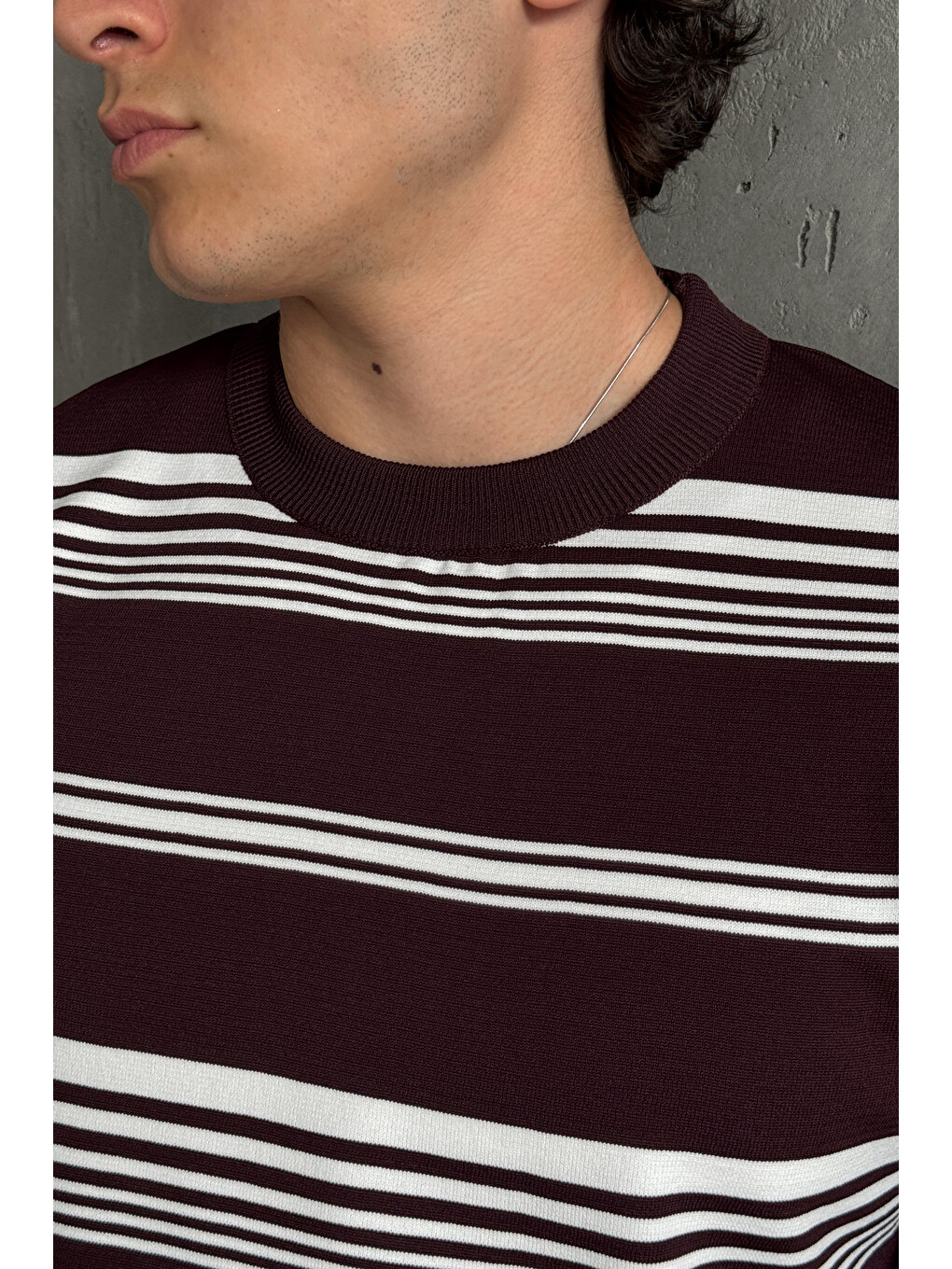Bordo Erkek Bisiklet Yaka Oversize Çizgili Triko T-shirt-6