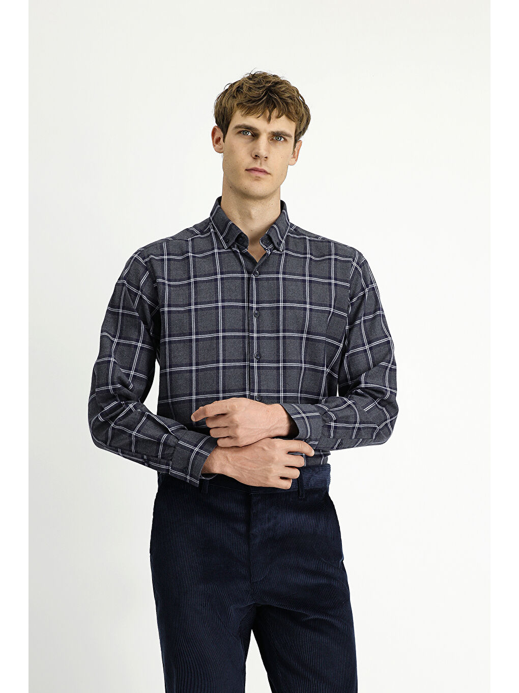 Gri Uzun Kol Regular Fit Düğmeli Yaka Spor Pamuk Ekose Oduncu Gömlek-2