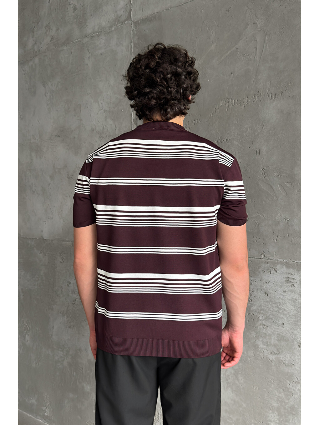 Bordo Erkek Bisiklet Yaka Oversize Çizgili Triko T-shirt-7