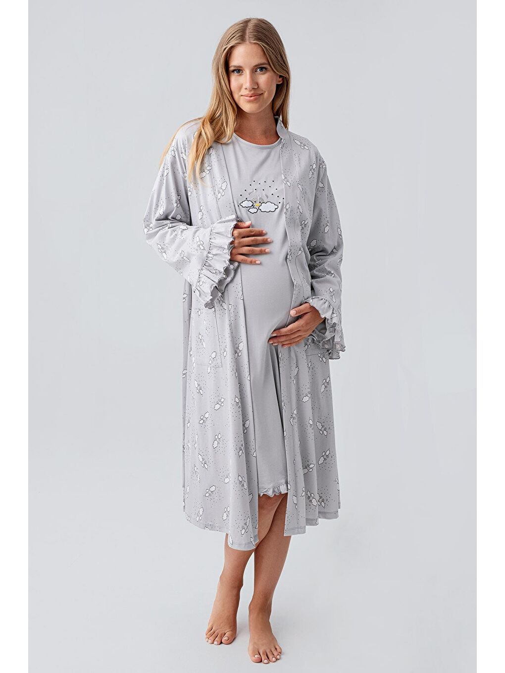 Gri Uzun Kollu Desenli Esnek Pamuklu Hamile Sabahlık Gecelik Takım 18400