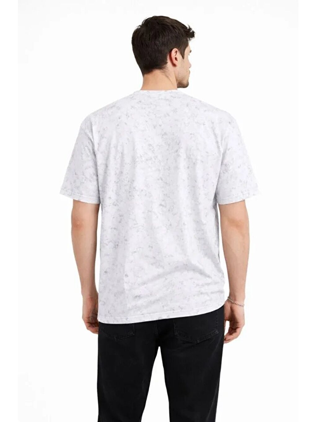 Erkek Asit Yıkama Bisiklet Yaka Kısa Kollu Oversize T-Shirt Tişört - Beyaz-2