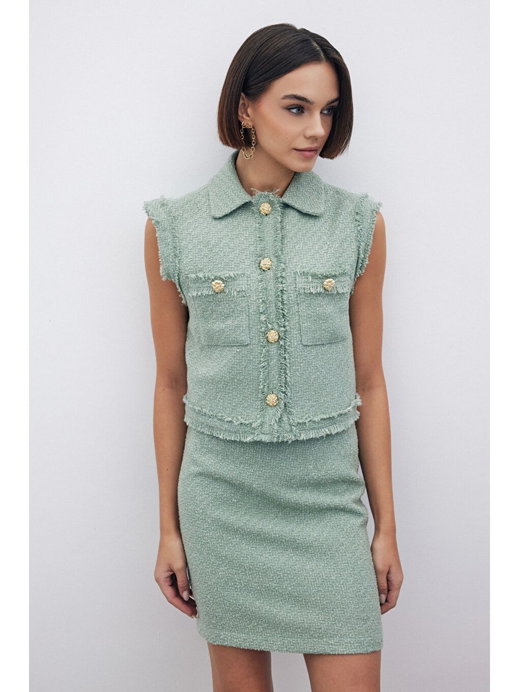 Yeşil Simli Mini Tüvit Etek - Mint-2