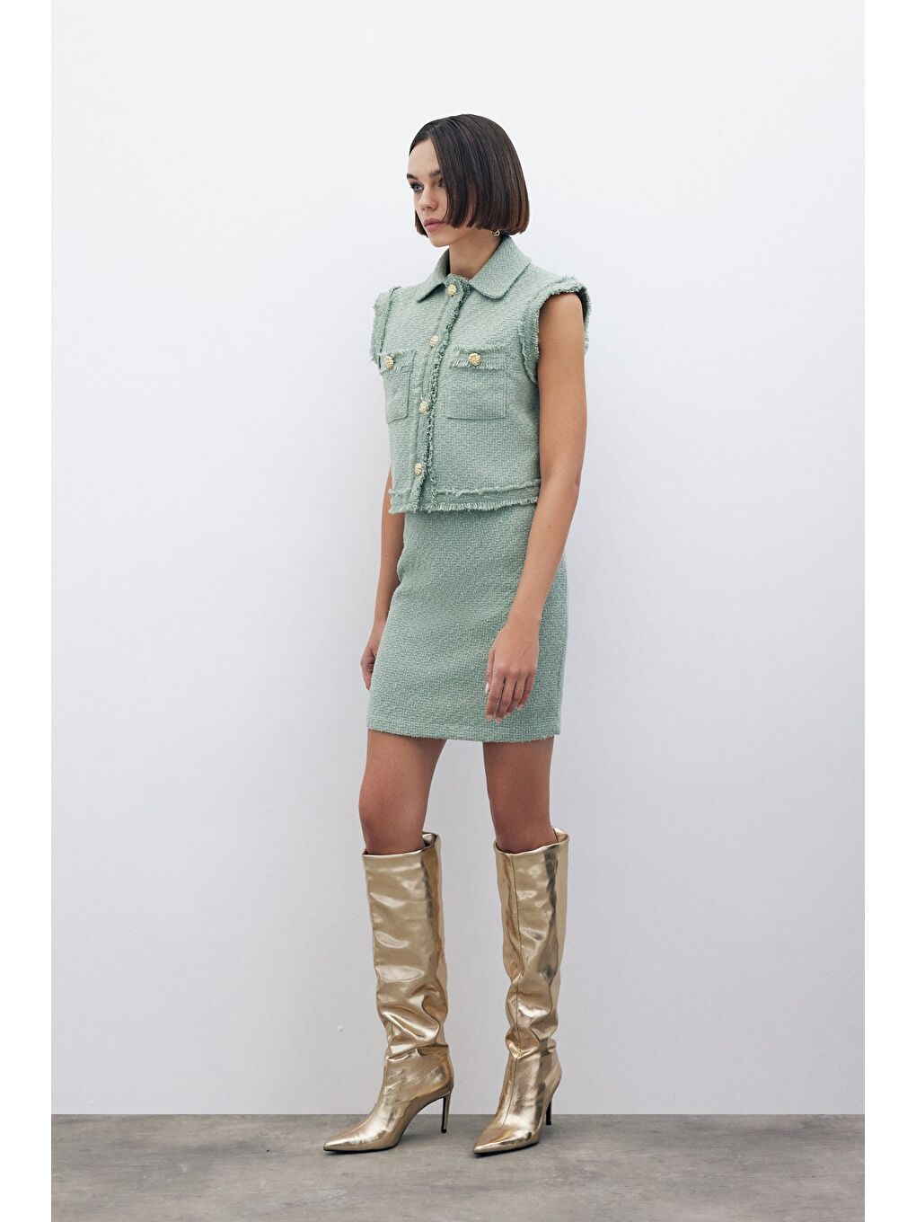 Yeşil Simli Mini Tüvit Etek - Mint-3