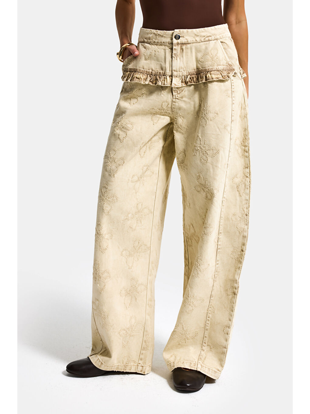 Kadın Bej w5 Baggy Fit Özel Kelebek Desenli Tasarım Kumaş Denim Jean-4