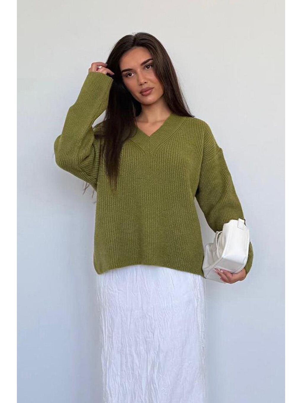 Yağ Yeşili V Yaka Triko Kadın Kazak Mg2501-1