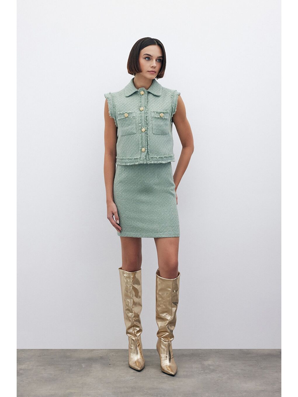 Yeşil Simli Mini Tüvit Etek - Mint-4