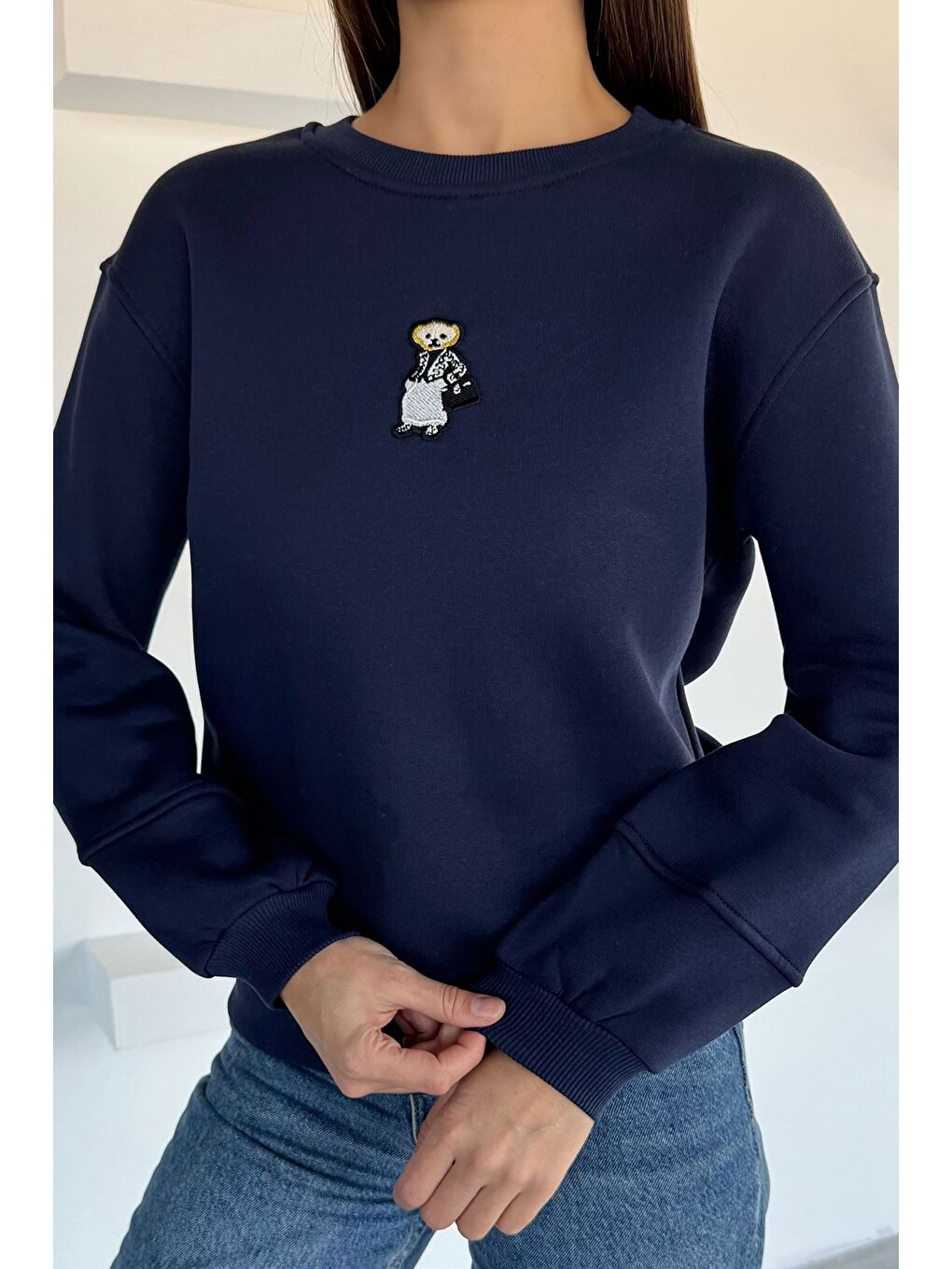 Lacivert Kadın Nakışlı Üç İplik Şardonlu Sweatshirt-1