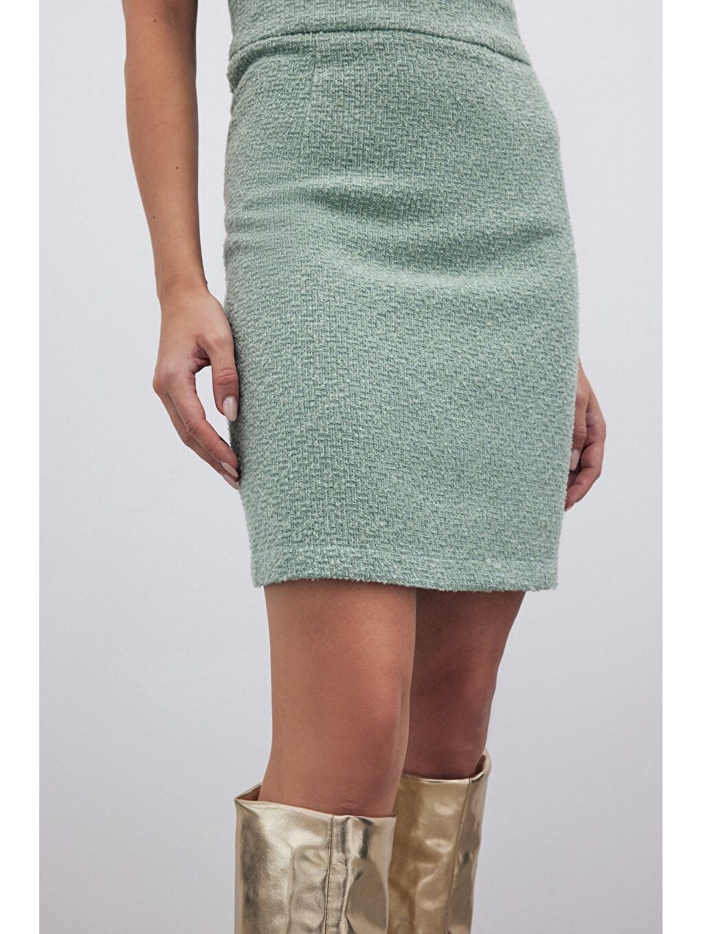 Yeşil Simli Mini Tüvit Etek - Mint-5