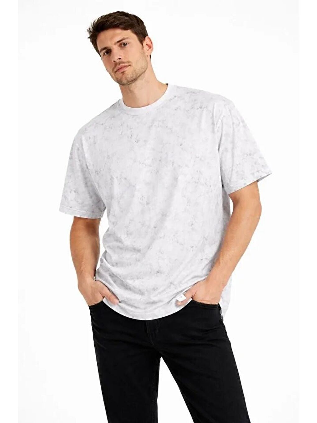 Erkek Asit Yıkama Bisiklet Yaka Kısa Kollu Oversize T-Shirt Tişört - Beyaz-3