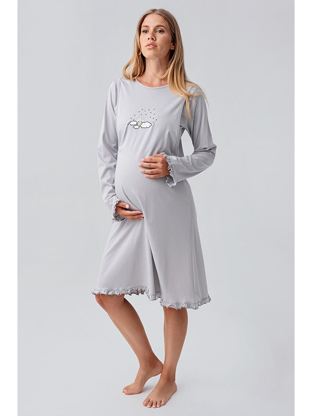 Gri Uzun Kollu Desenli Esnek Pamuklu Hamile Sabahlık Gecelik Takım 18400-1