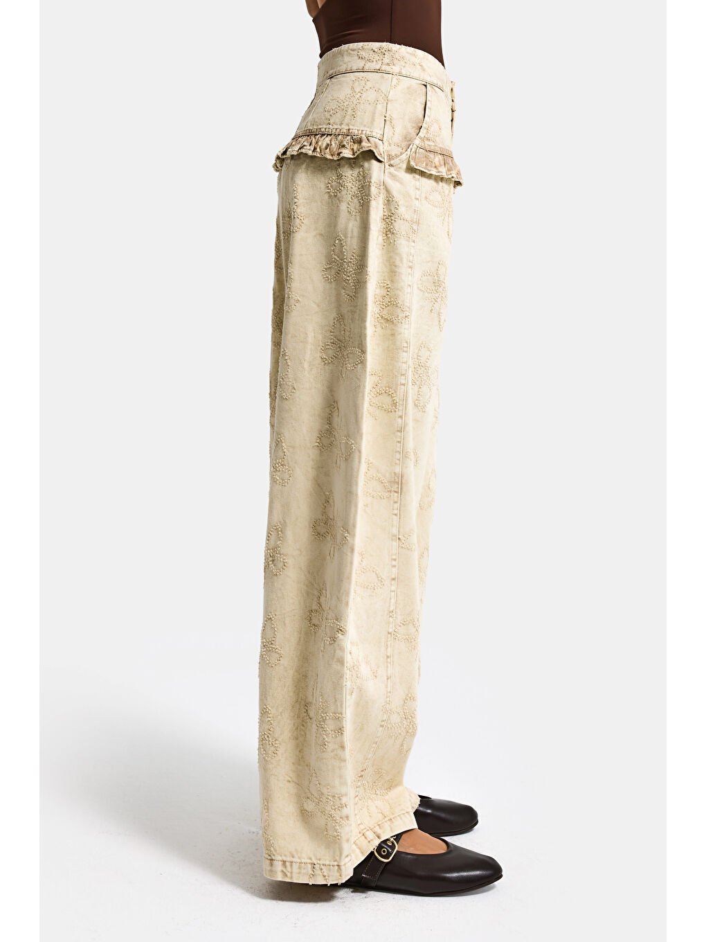 Kadın Bej w5 Baggy Fit Özel Kelebek Desenli Tasarım Kumaş Denim Jean-5