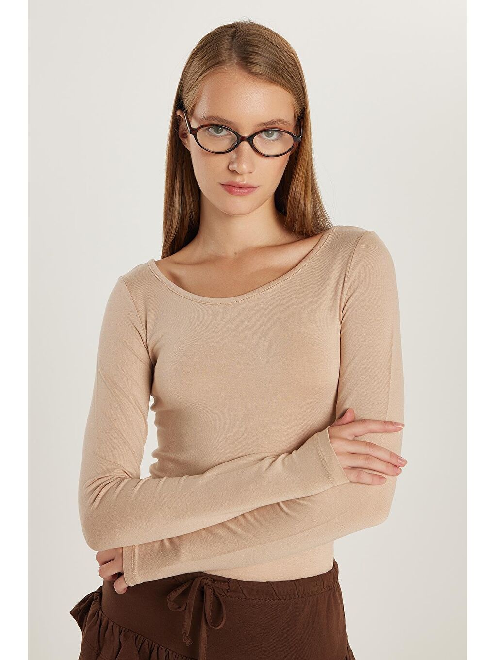 Kadın Slim Fit Dar Kesim Uzun Kollu Viskon Bej Bluz-1