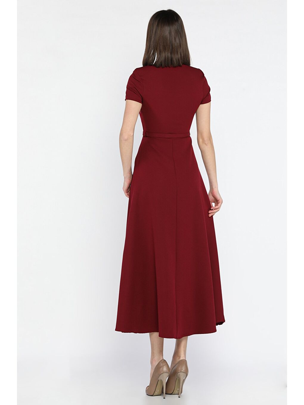 Bordo Kadın Omuz Vatkalı Kemerli Kiloş Elbise-3