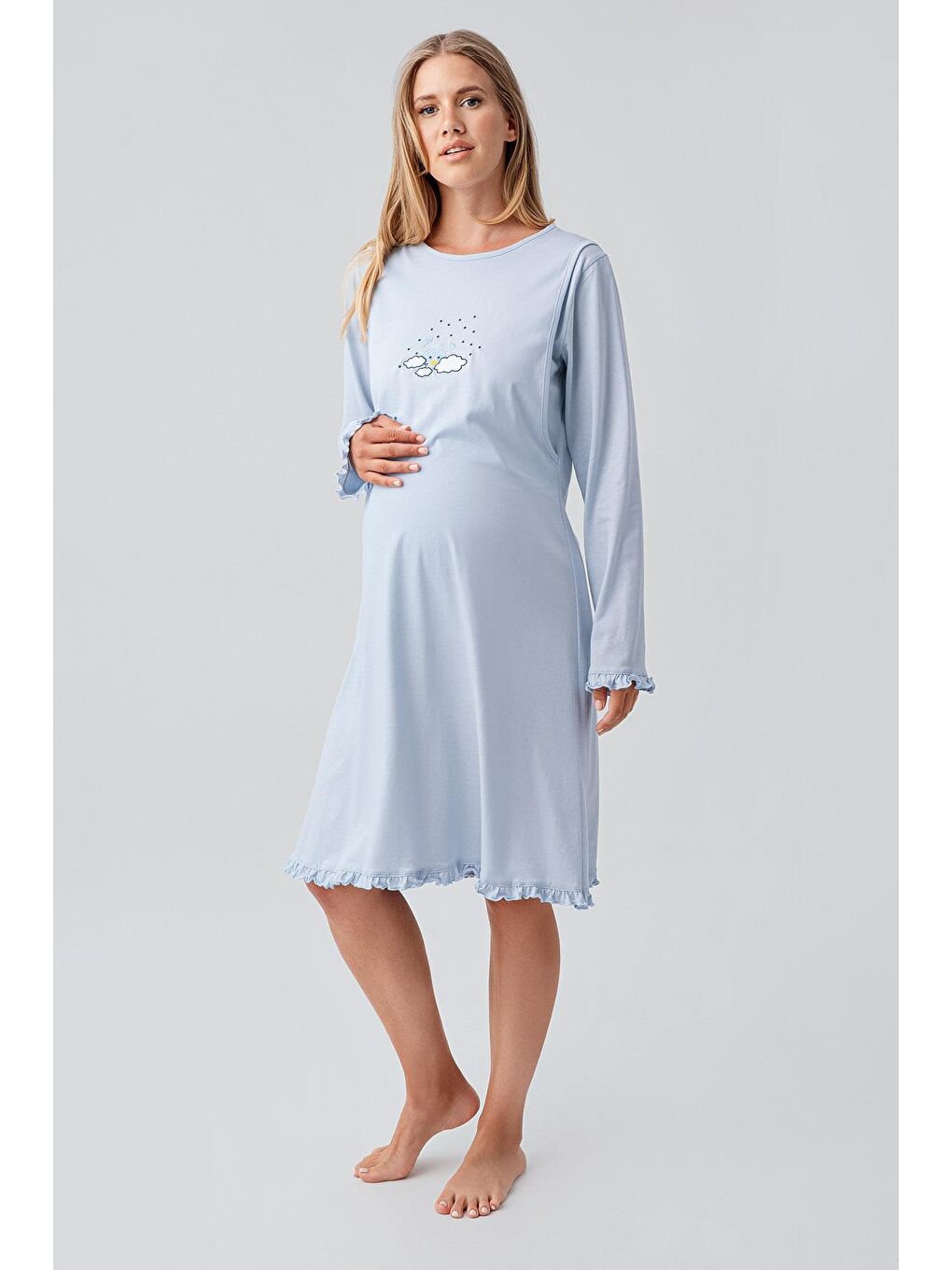 Mavi Uzun Kollu Desenli Esnek Pamuklu Hamile Sabahlık Gecelik Takım 18400-1