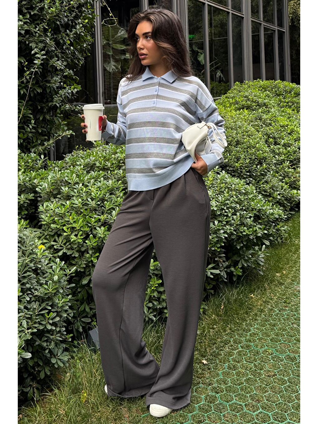 Mavi Çizgili Polo Yaka Düğmeli Kadın Kazak Mg2561-1