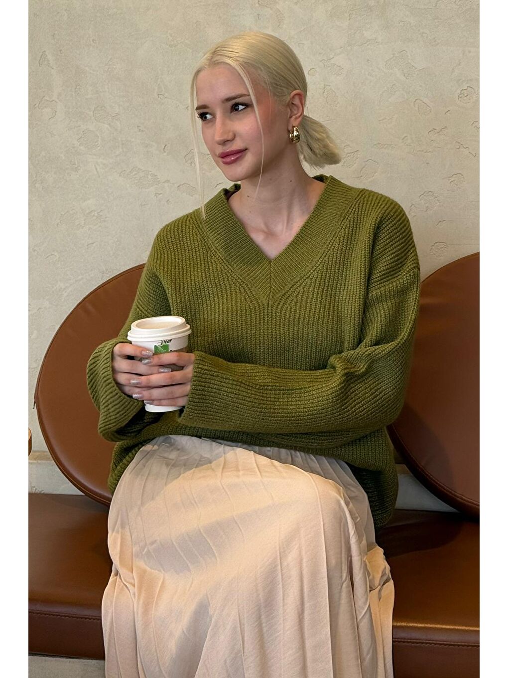 Yağ Yeşili V Yaka Triko Kadın Kazak Mg2501-3