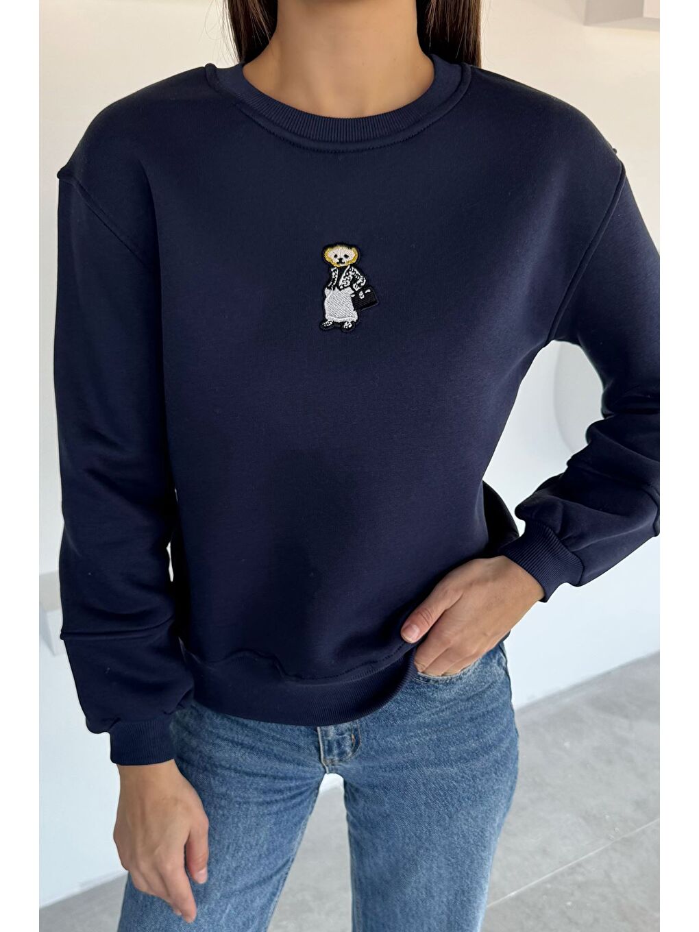 Lacivert Kadın Nakışlı Üç İplik Şardonlu Sweatshirt-2