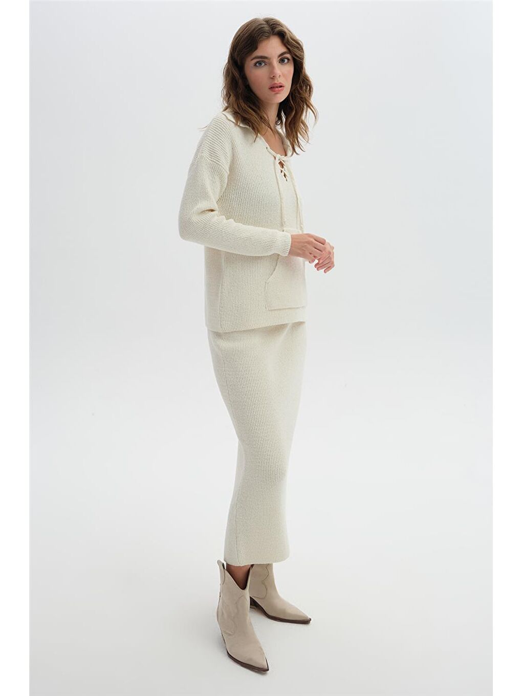 Ekru Midi Triko Etek-1